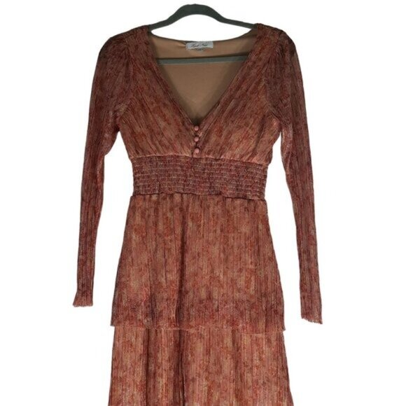 Haute Nites Metallic Orange Brown Sheer Maxi Dress - Picture 2 of 14